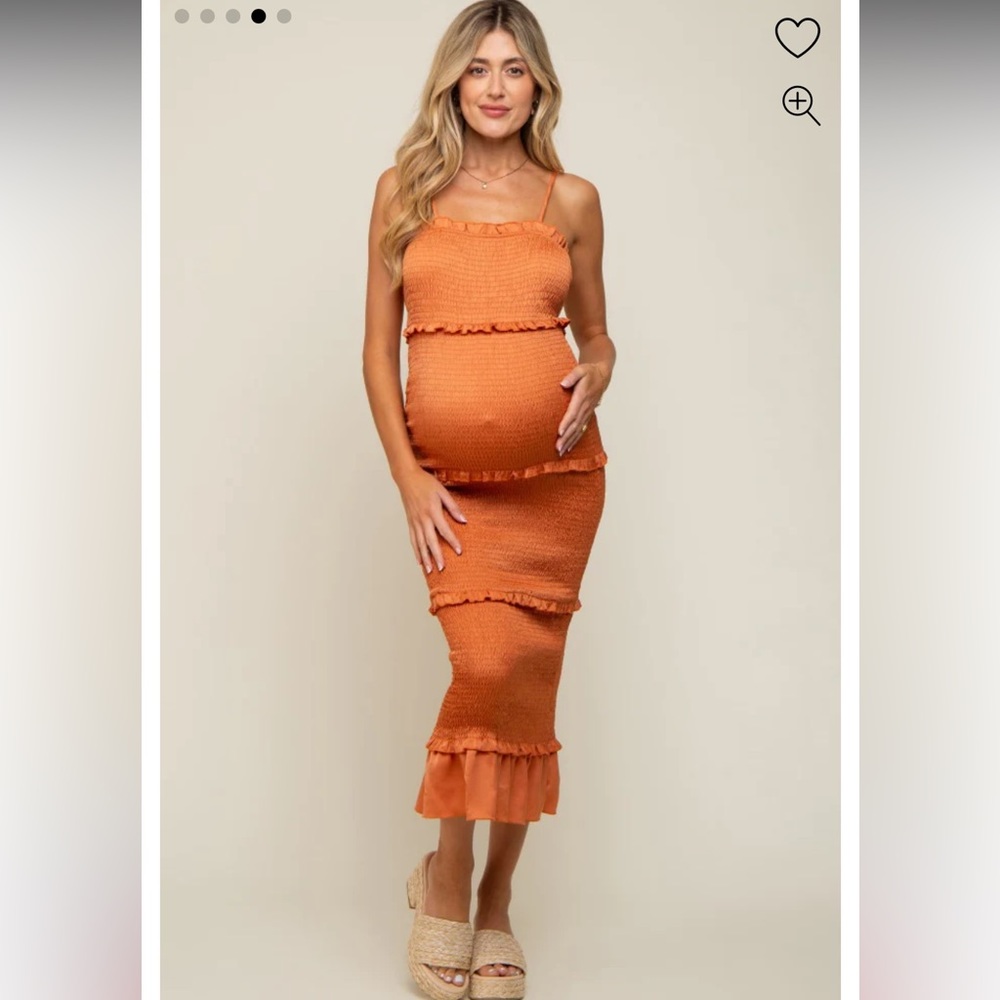 PINKBLUSH Maternity Orange Satin Smocked Fitted Maternity Midi Dress Medium